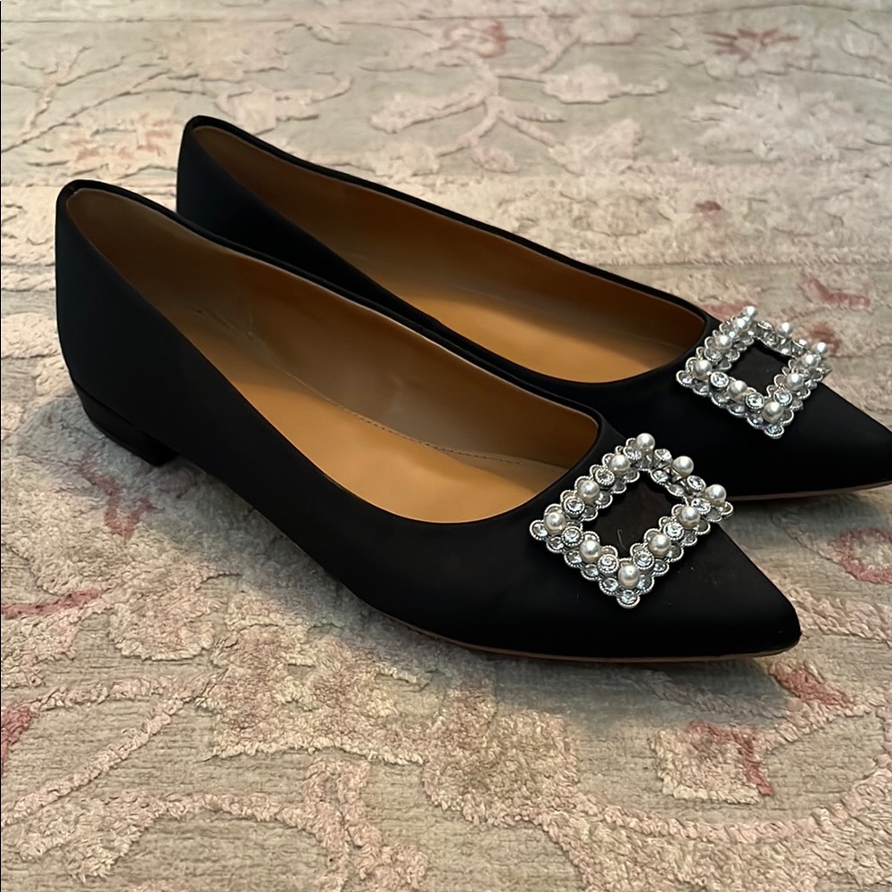 J. Crew Black Flats with Crystal Buckle